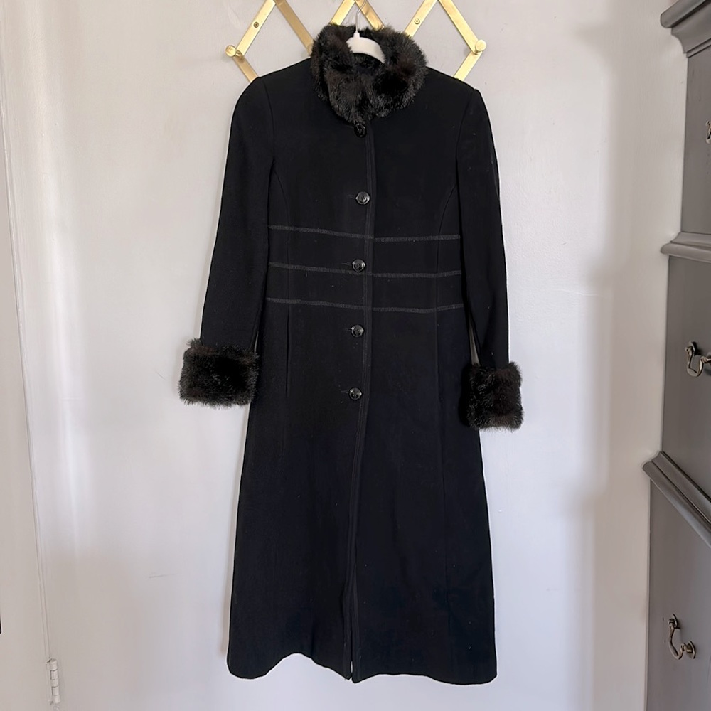 Vintage Black Marvin Richards Coat 100% Wool with Faux Fur Trim